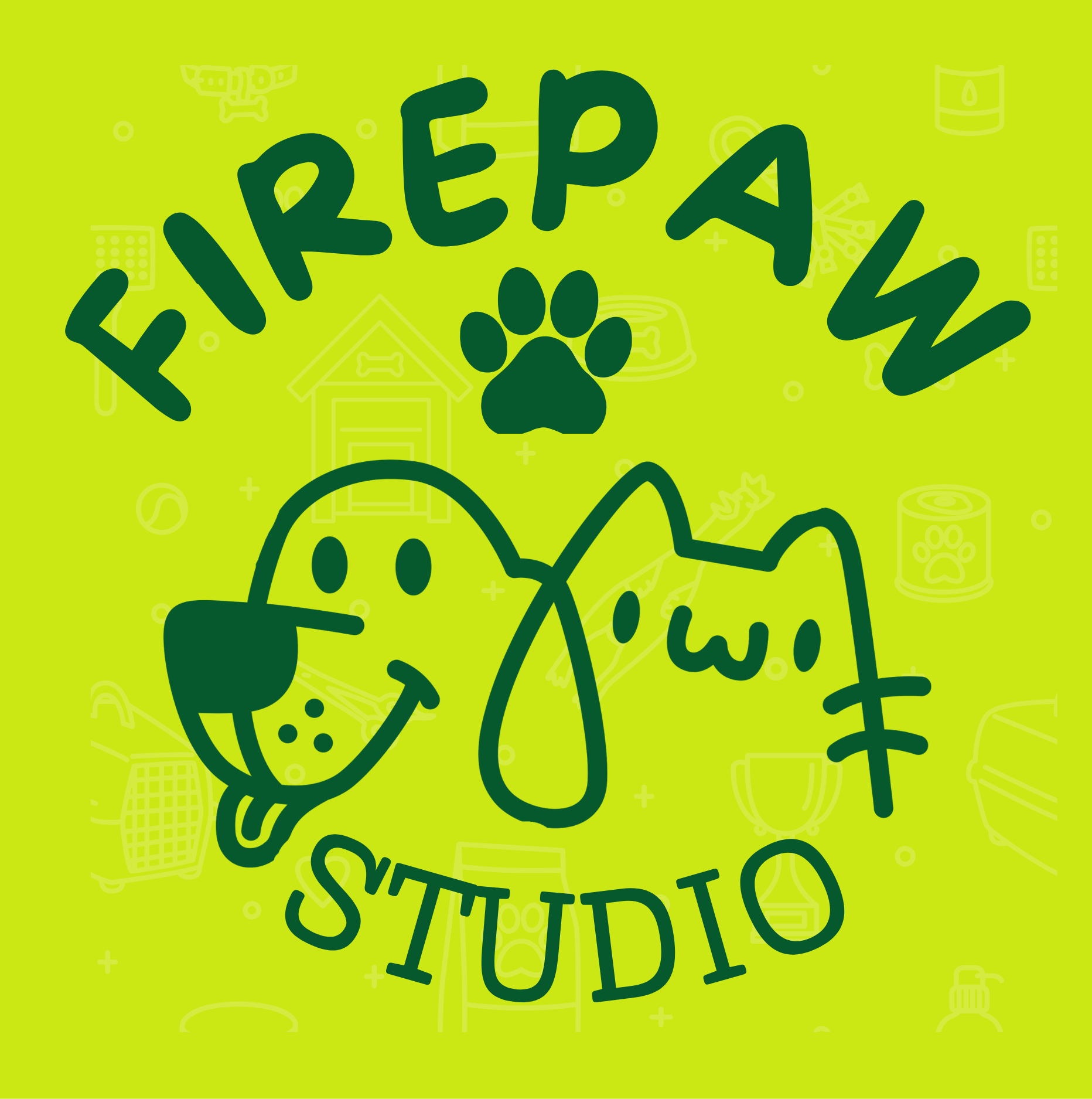 Firepaw Studio: logotipo oficial con un perro y un gato sobre fondo verde lima